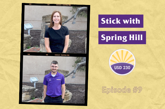  Two students on a graphic with stick with Spring Hill written on it